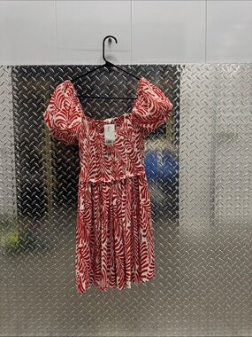 H&M Red and White Puff-Sleeve Mini Dress, XS